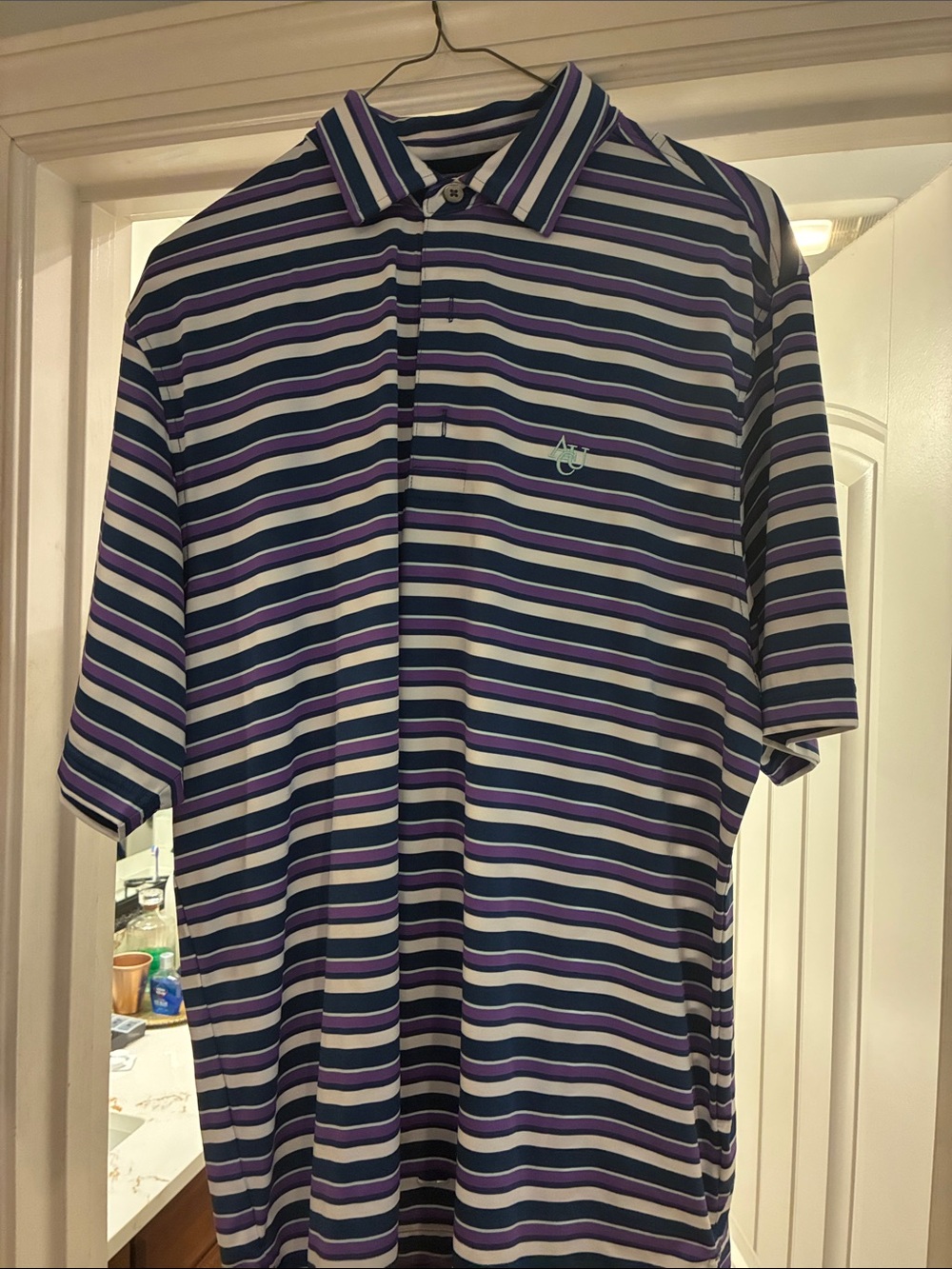 Men's Purple and White Striped Polo Shirt